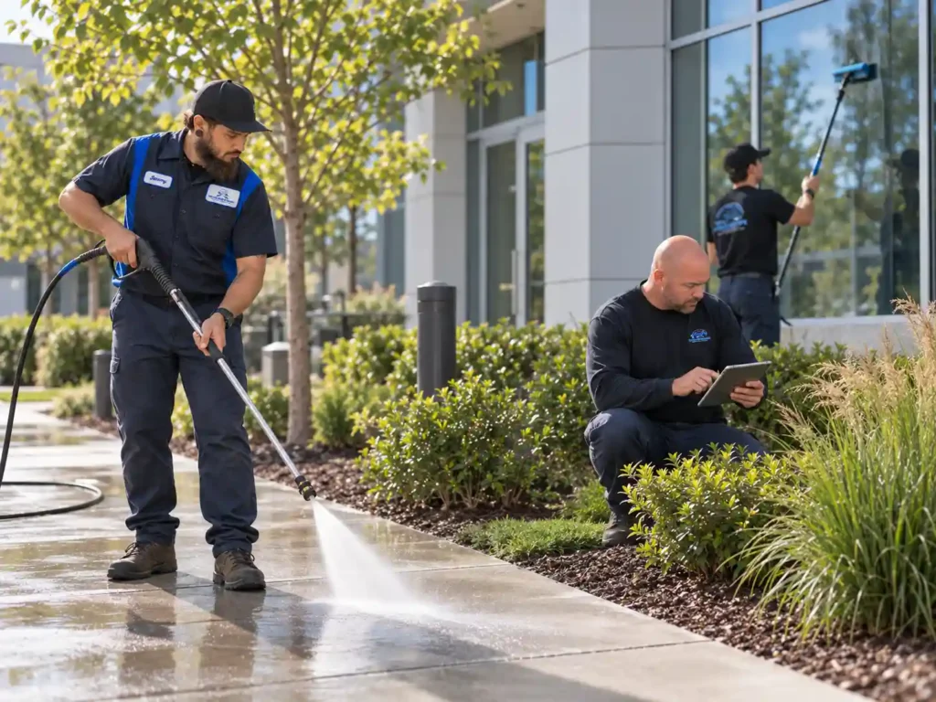 Pro-Serv commercial facility services crew handling grounds maintenance and exterior cleaning