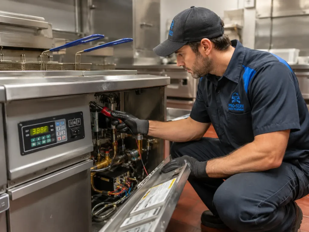 Pro-Serv technician troubleshooting commercial fryer heating, ignition, temperature control, and shutdown problems