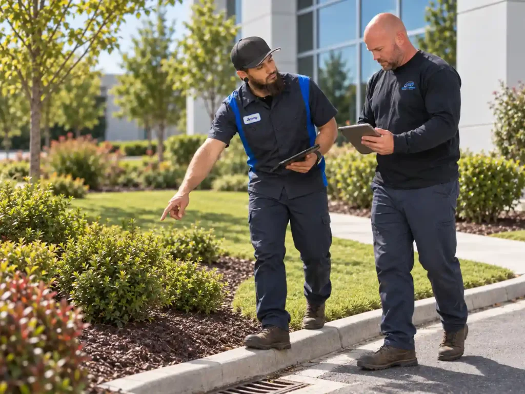 Pro-Serv technicians reviewing commercial grounds maintenance and landscaping needs