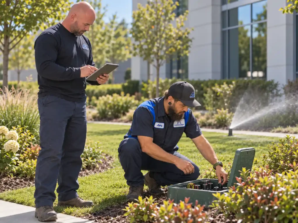 Pro-Serv technician checking commercial irrigation as part of a grounds management program