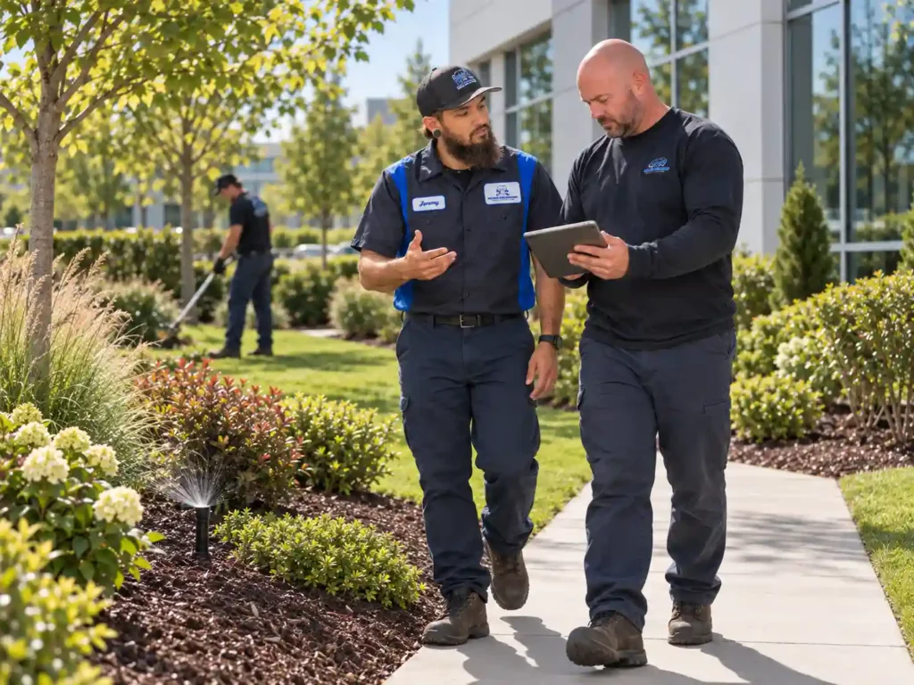 Pro-Serv technicians evaluating landscaping, drainage, and grounds maintenance needs at a commercial property