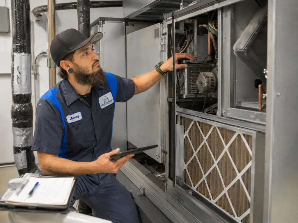 Pro-Serv technician performing commercial HVAC preventative maintenance on an air handler