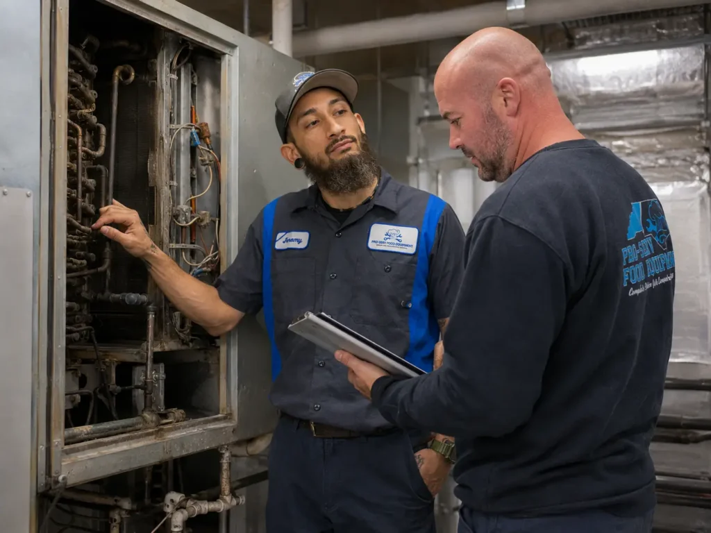 Pro-Serv technicians evaluating whether a commercial HVAC system should be repaired or replaced