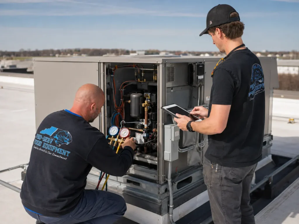 Pro-Serv technicians performing commercial HVAC system diagnostics on a rooftop unit before providing a quote