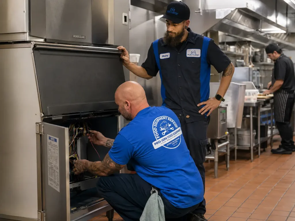Pro-Serv technicians providing commercial kitchen equipment repair and refrigeration service in a New Bern, NC restaurant kitchen