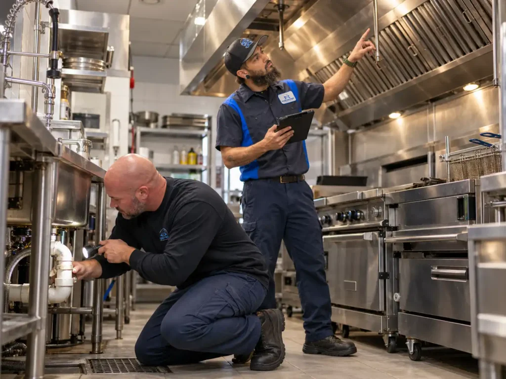 Pro-Serv technicians inspecting plumbing and kitchen equipment during commercial plumbing facility services