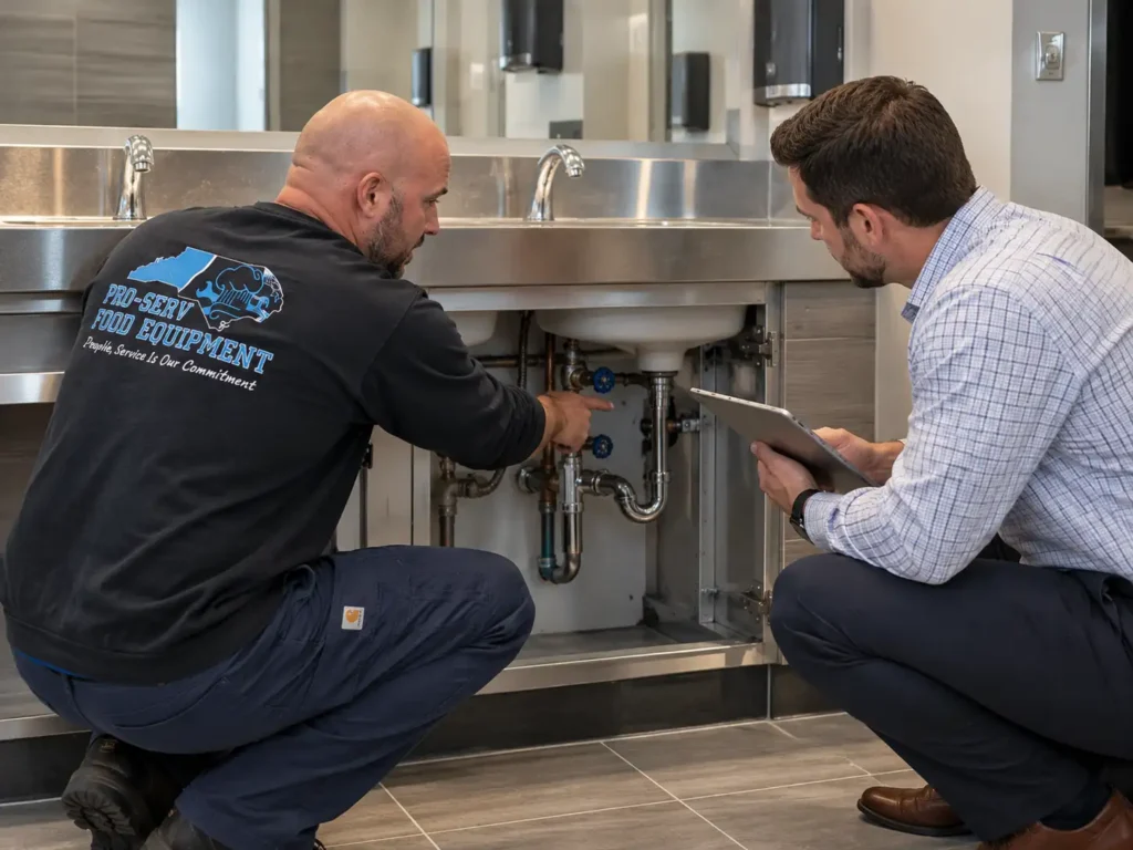 Pro-Serv technician inspecting commercial plumbing beneath a restroom sink during a commercial plumbing service cost evaluation