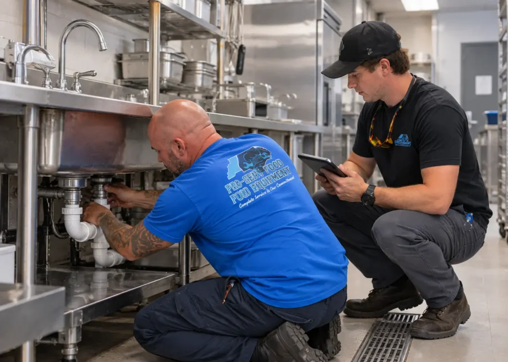 Pro-Serv technicians performing commercial plumbing services beneath a stainless steel kitchen sink