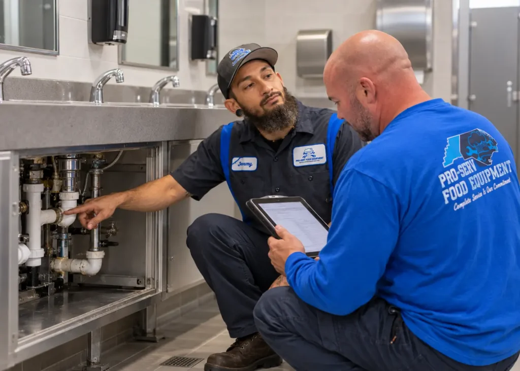 Pro-Serv technicians reviewing plumbing lines and fixtures during commercial services for plumbing