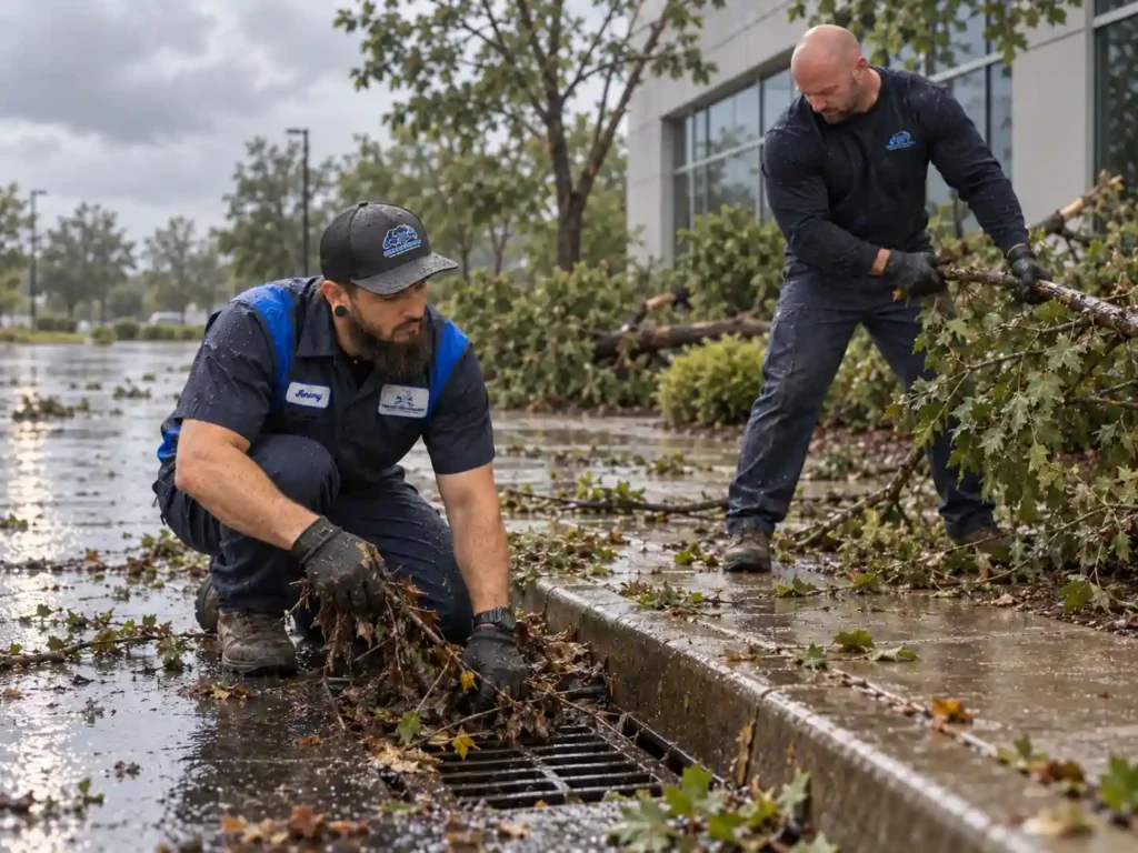 Pro-Serv technicians clearing storm debris and a blocked drain at a commercial property