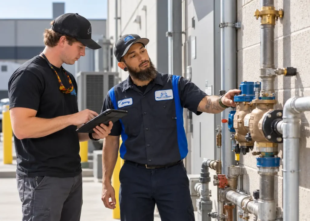 Pro-Serv technicians inspecting an exterior commercial plumbing system for NC and SC commercial plumbing services
