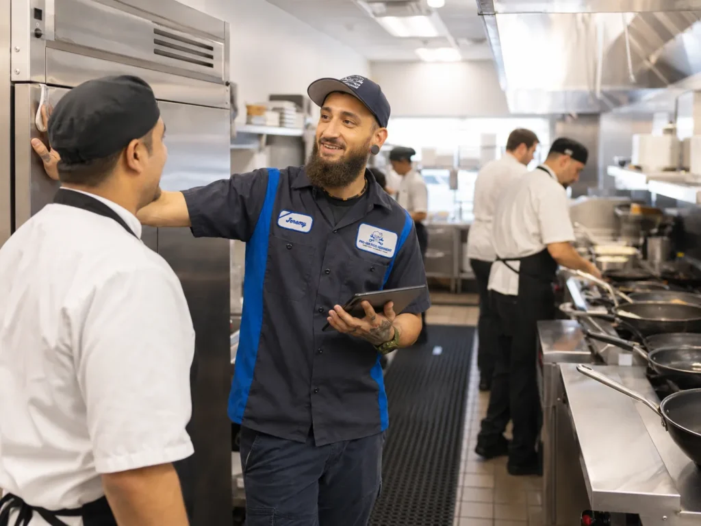 Pro-Serv commercial kitchen service technician speaking with restaurant staff in a busy New Bern, NC professional kitchen