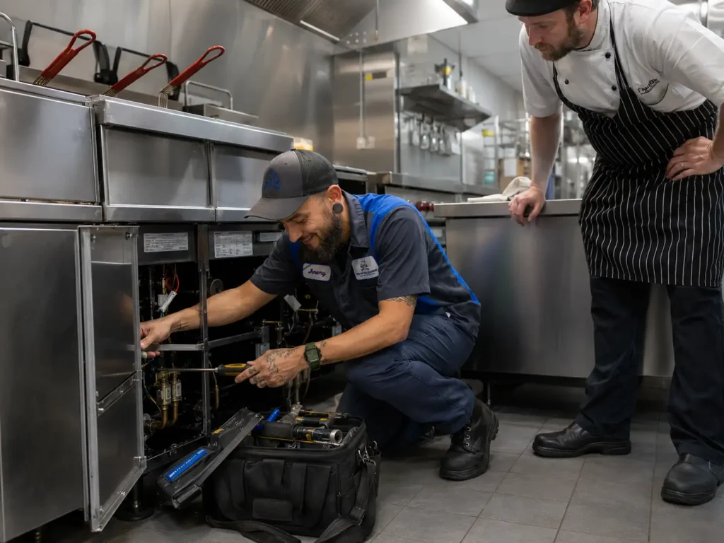 Pro-Serv technician completing emergency restaurant equipment repair on commercial cooking equipment in New Bern, NC