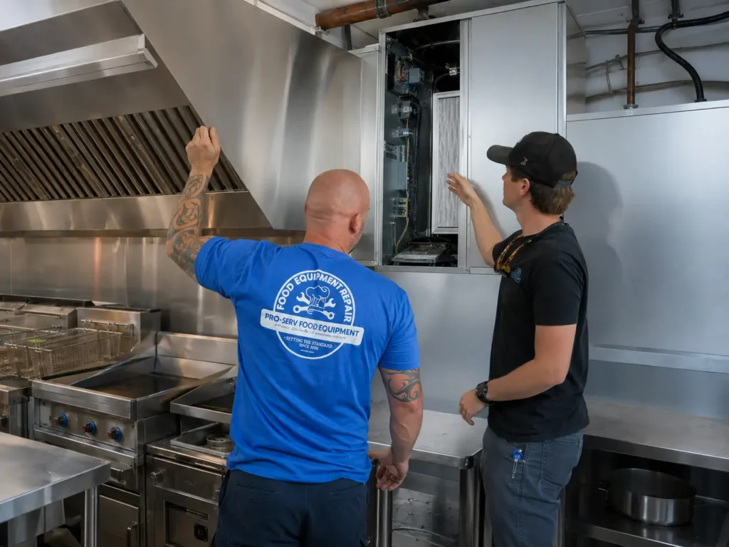 Pro-Serv technicians inspecting a commercial kitchen HVAC and makeup air system beneath a restaurant exhaust hood