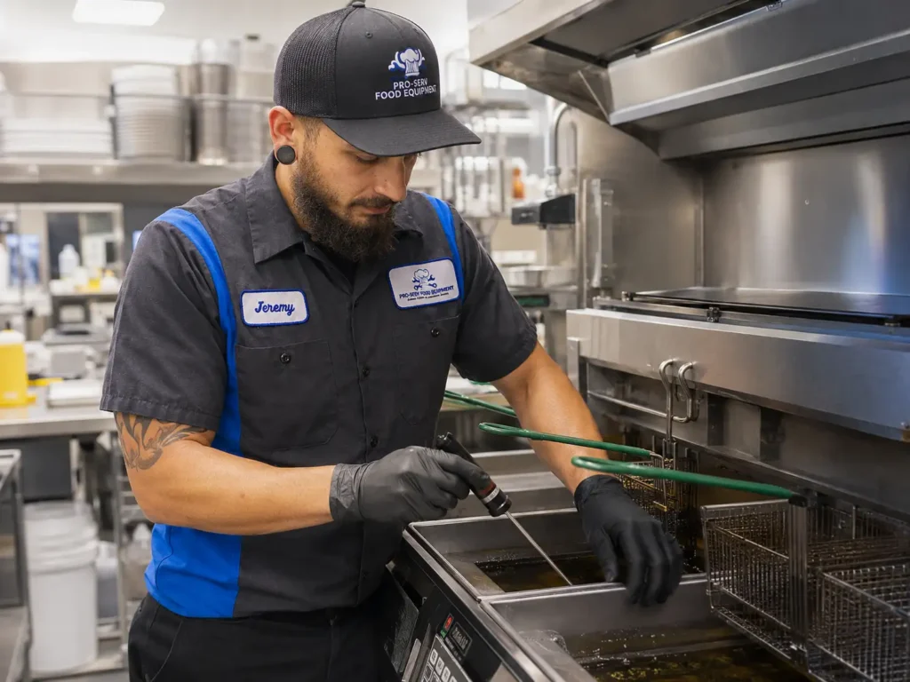Pro-Serv Food Equipment technician performing routine restaurant fryer maintenance and temperature checks